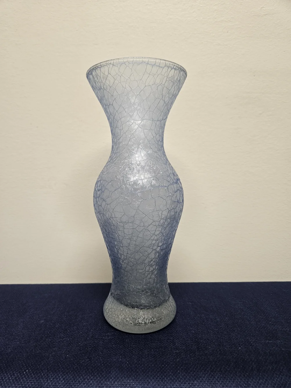 Pale Blue Crackle Glass Vase Flared Neck Curvy Silhouette 9 Inch Tall Decorative